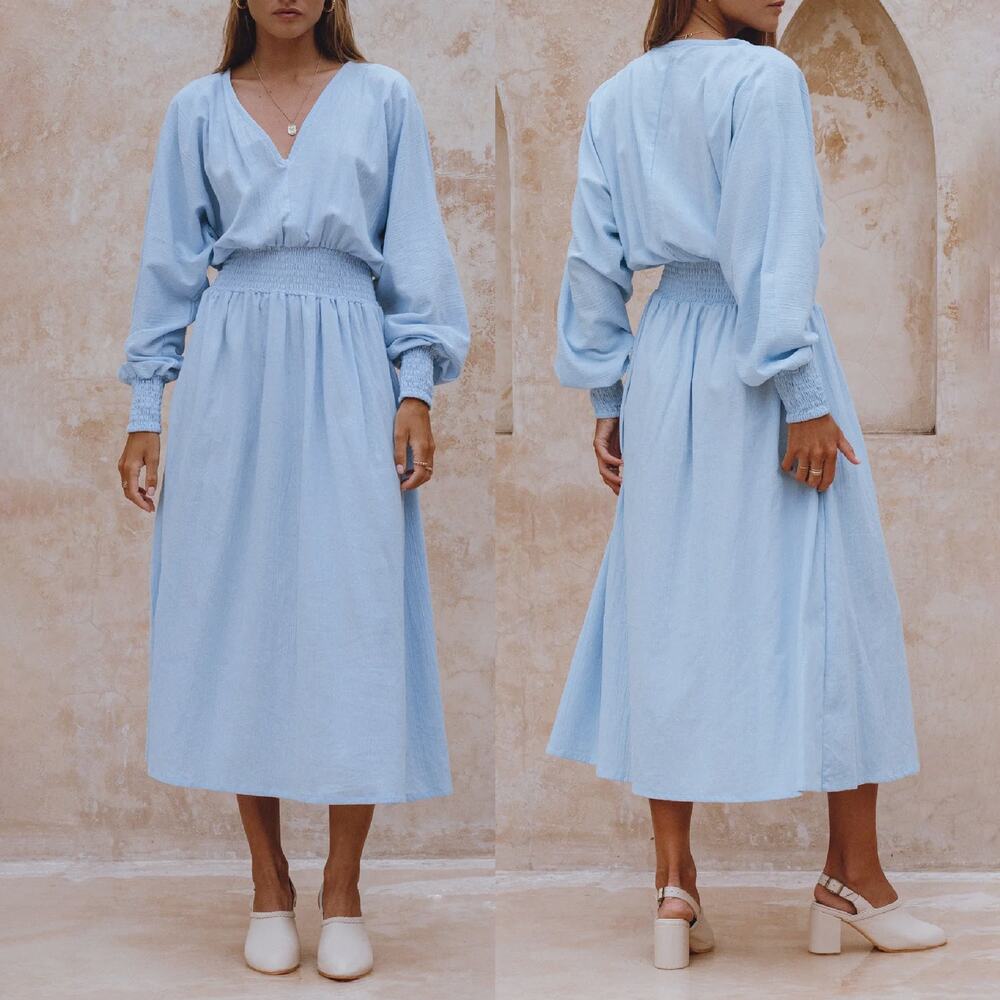 Bali Lane Carla Long Sleeve Linen Dress Ciel Blue 100% Linen Blouson SZ S NWT